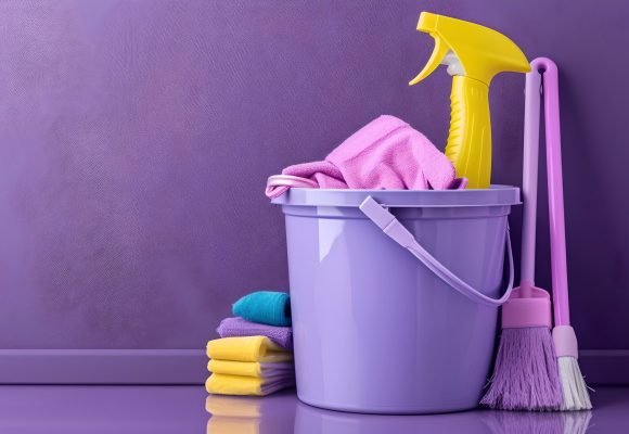 Cleaning supplies arranged against purple wall. mop, bucket, rags, and spray for housework. AI
